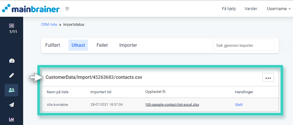 Importer til CRM, status for import er lik utkast