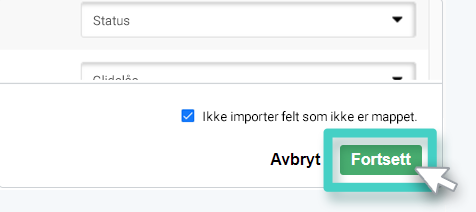 MainBrainer CRM import kontakter, kartleggingsfanen. Fortsett-knappen er uthevet