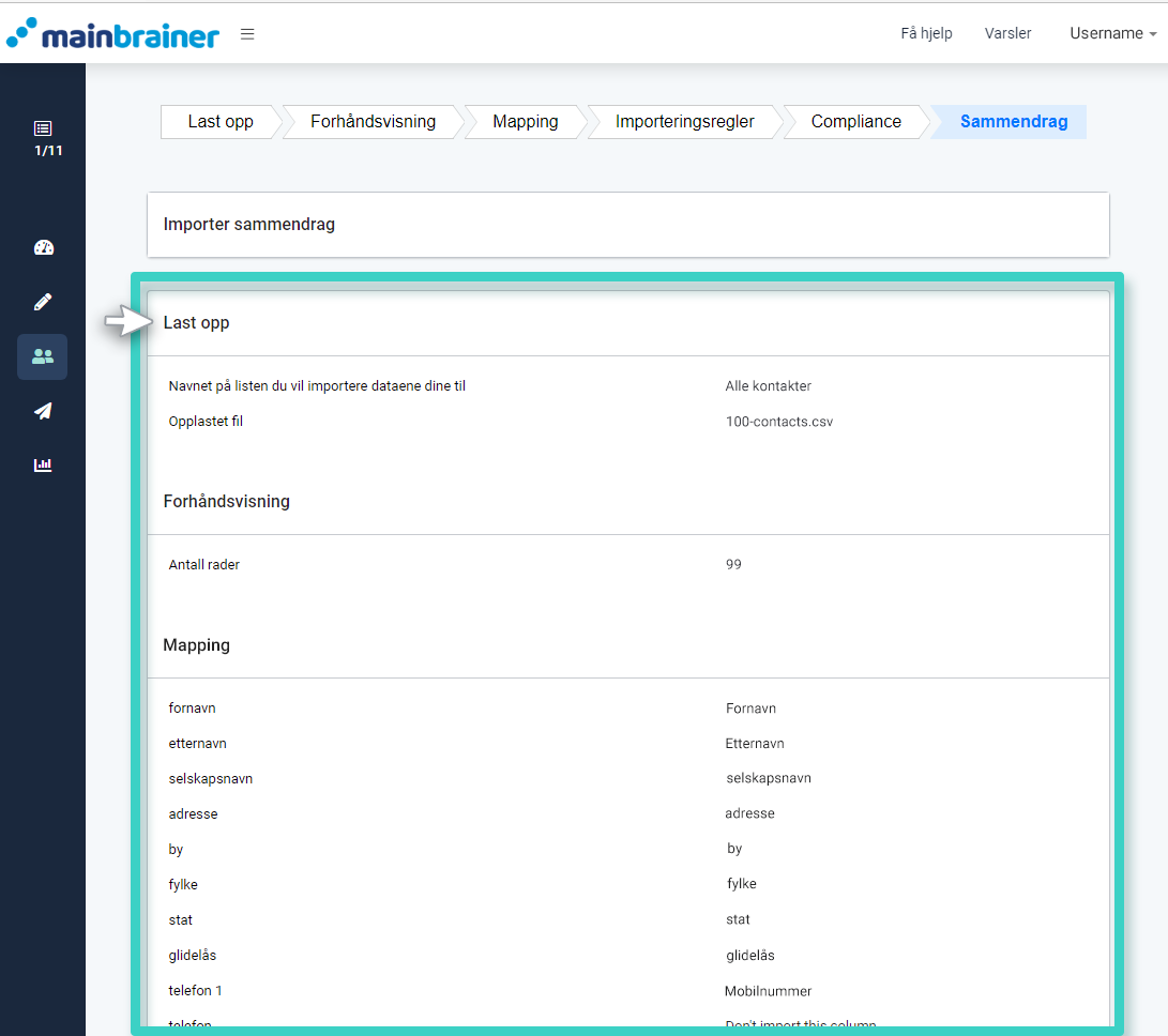 Importer til CRM, sammendrag av opplastet fil og kartlegging