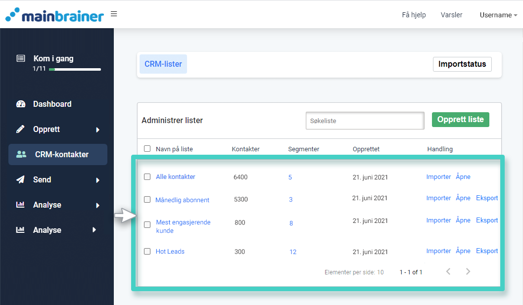 CRM-import, listeoversikt