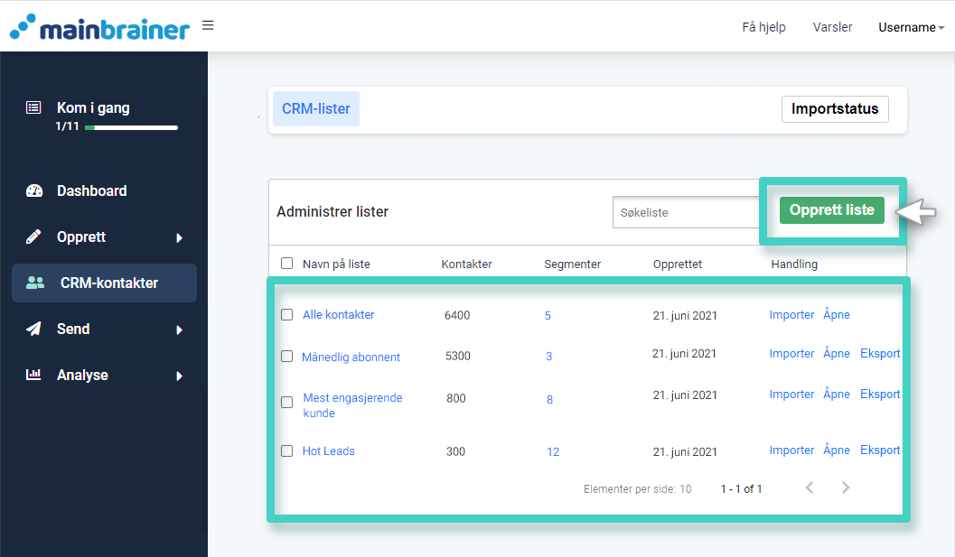 CRM, listeoversikt. Opprett liste-knappen uthevet