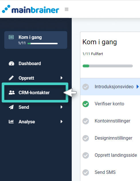 Naviger til CRM-listen, kontaktmenyen. CRM-kontakter uthevet