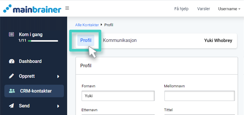 CRM, kontaktprofil. Profilknapp uthevet