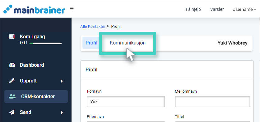 CRM, kontaktprofil. Kommunikasjonsknapp uthevet