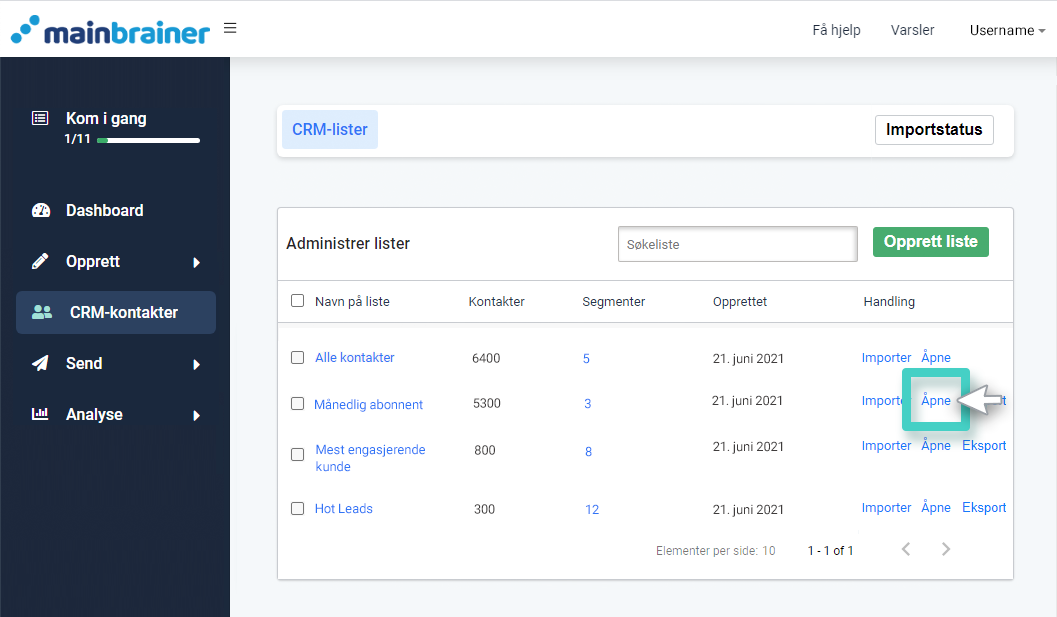 CRM-segment, listeoversikt. Åpne-knappen er uthevet