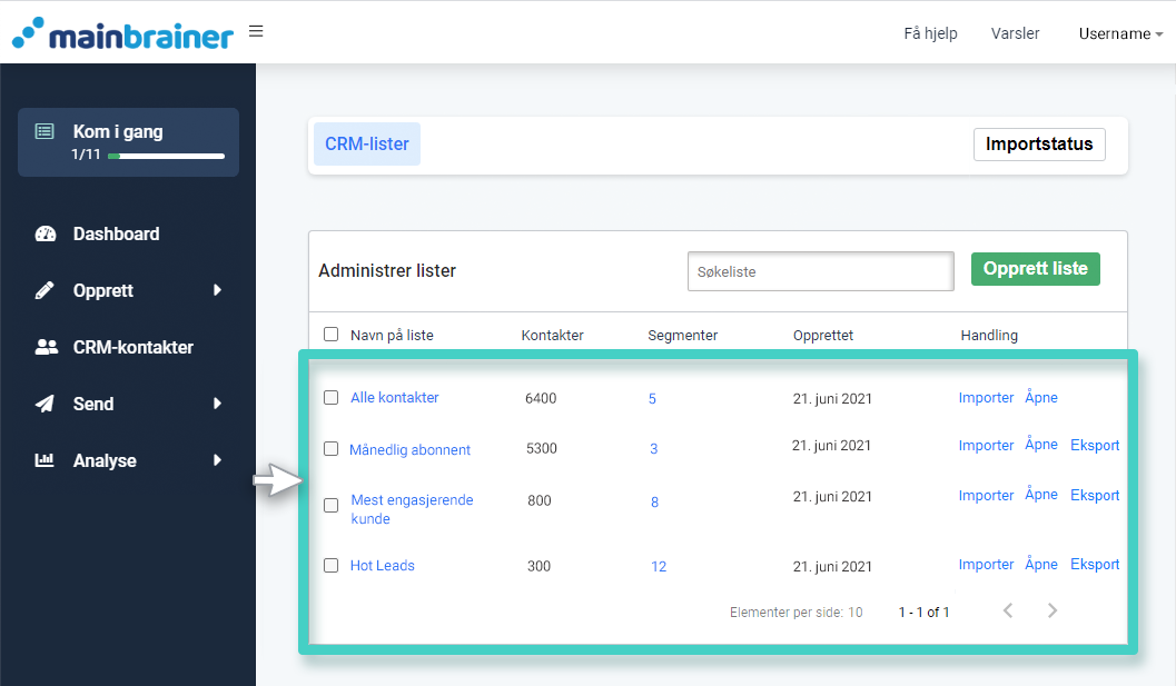 CRM tilpassede felt, listeoversikt