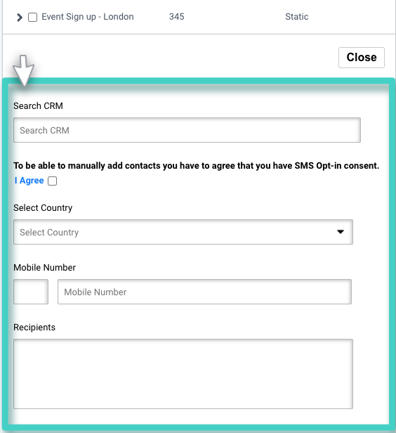 SMS campaign recipients. Add recipients manually extension. Search CRM option
