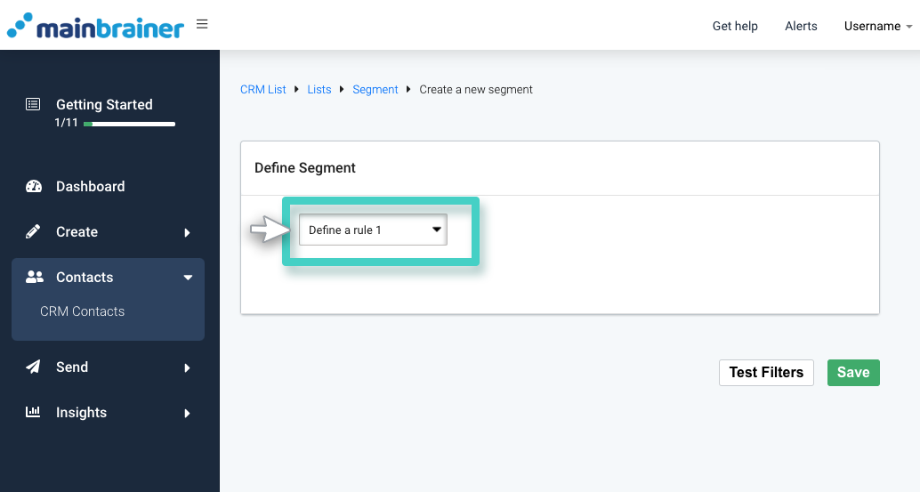 CRM segment, define segment. The define a rule dropdown menu is highlighted