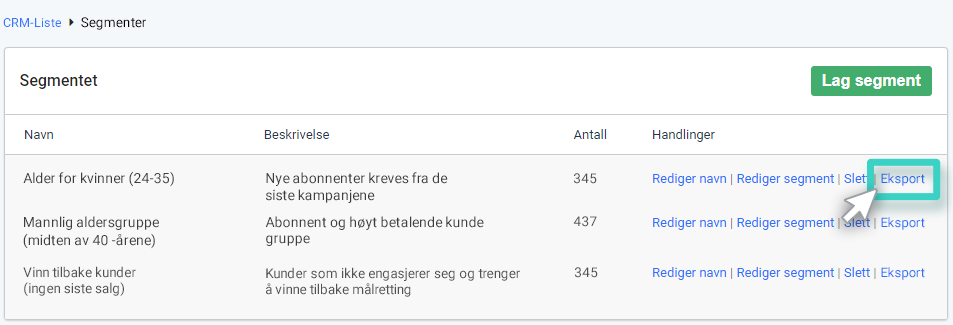 CRM eksportsegment, segmentliste. Eksporter-knappen er uthevet