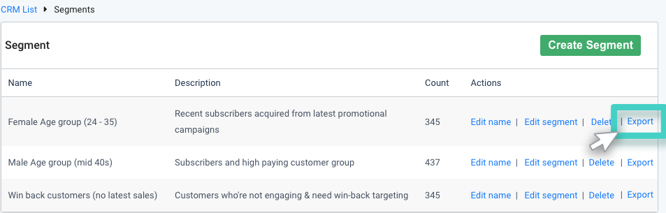 CRM export segment, segment list. Export button is highlighted