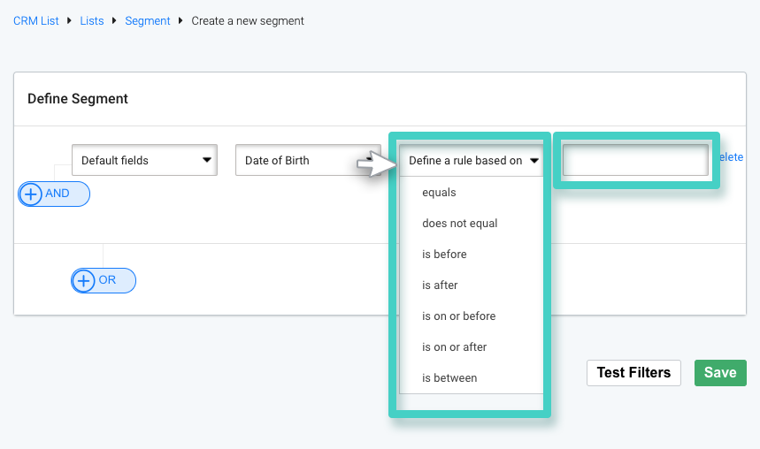 CRM segment. Dropdown menu for validator operators