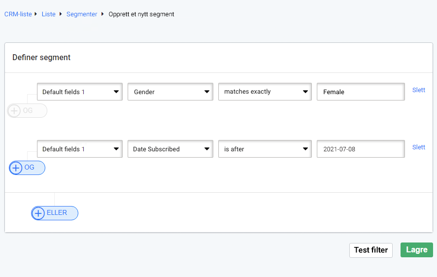 CRM-segment, definer segment. Testfiltre-knappen er uthevet