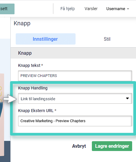 Landingssidens klikk handling for knapp. Link til landingsside er valgt