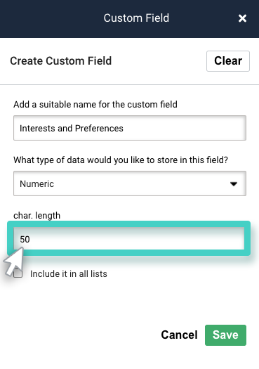CRM custom fields, create custom field. Character length field is highlighted
