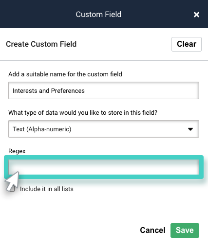 CRM custom fields, create custom field. Regex field is highlighted