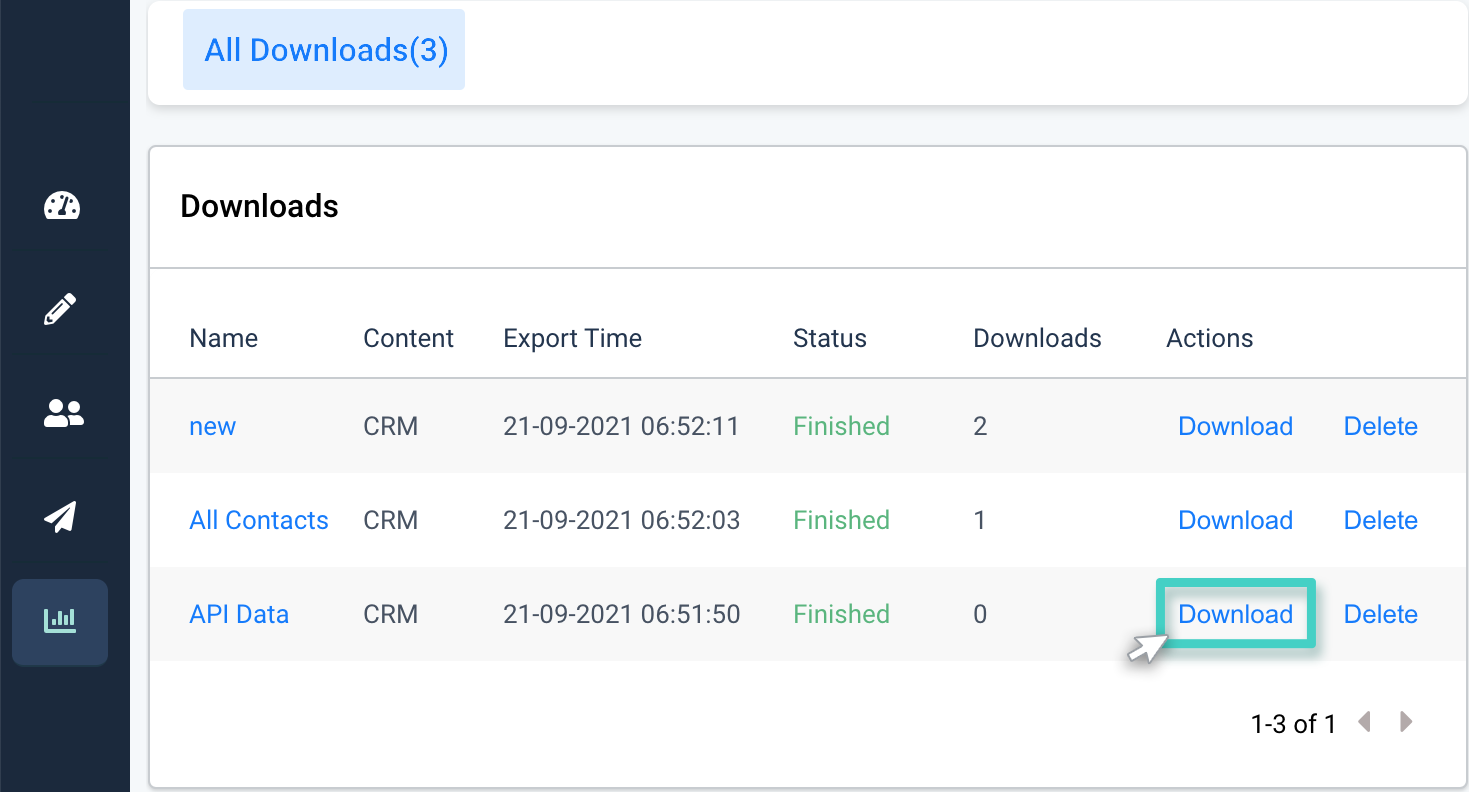 CRM export, downloads. The download button is highlighted