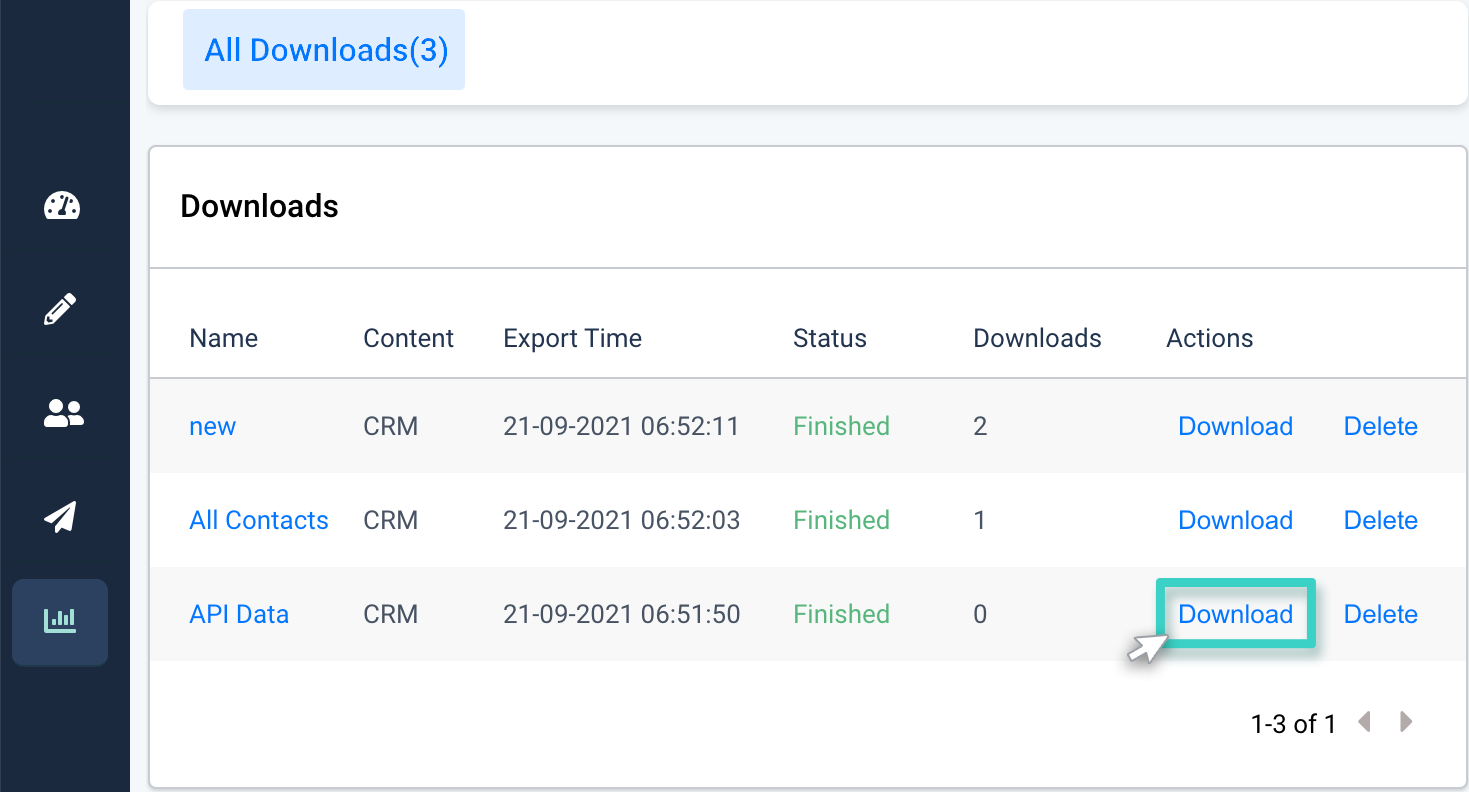 CRM export segment, downloads. The download button is highlighted