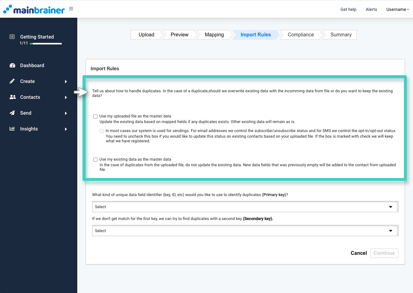 MainBrainer CRM import contacts, import rules tab. Duplicate handling options are highlighted