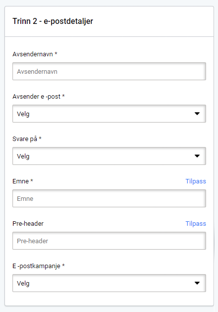Sending av e-postkampanje, avsendernavn, avsender-e-post og emne