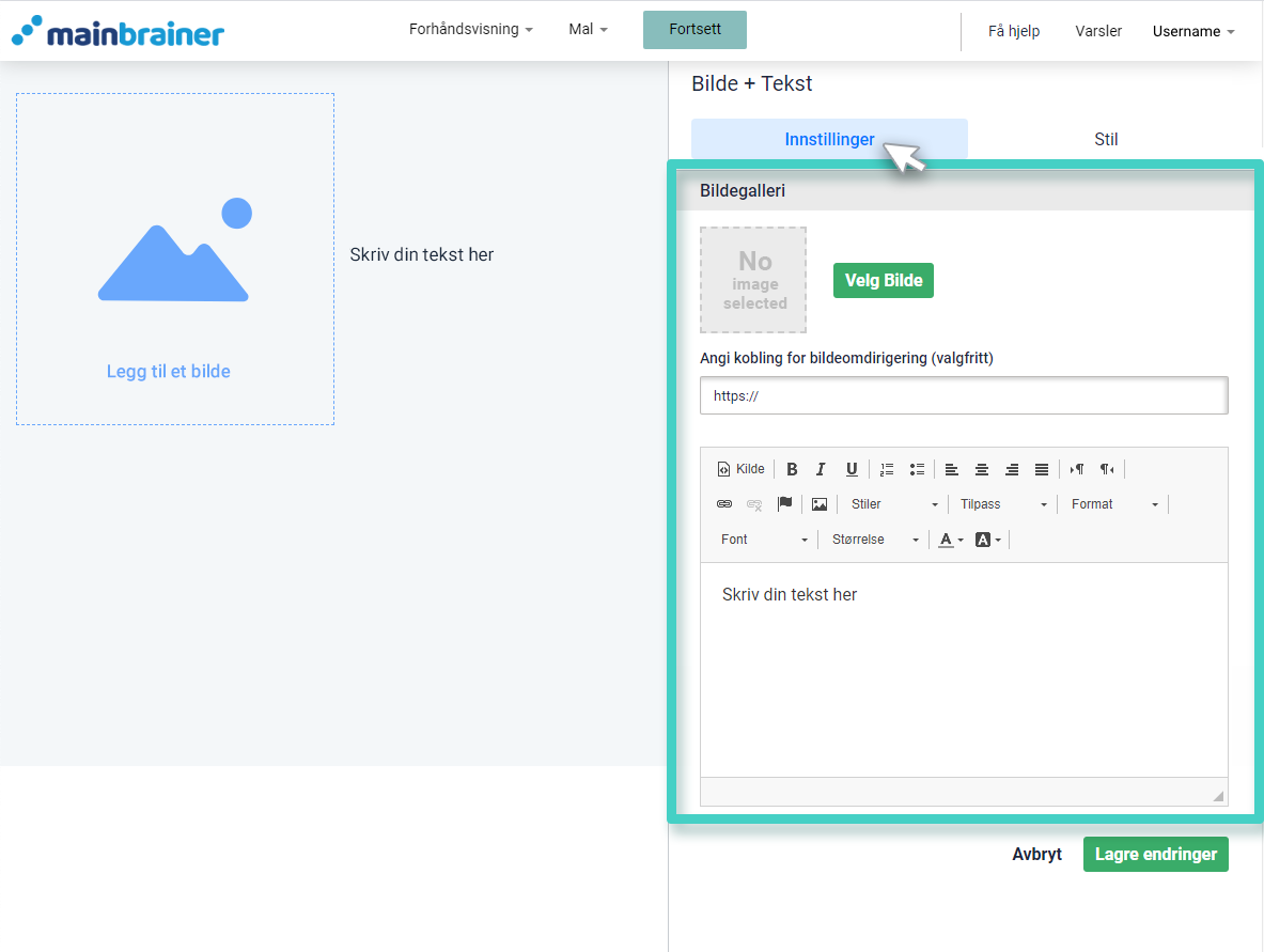 Tekst- og bildeinnstillinger-fanen er uthevet. Last opp bilde og skriv inn tekst