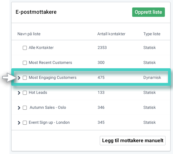 E-postkampanjemottakere, e-postmottakerliste. En liste over kontakter er uthevet