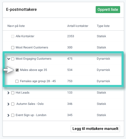 E-postkampanjemottakere, e-postmottakerliste. En underliste avkrysningsboks er merket