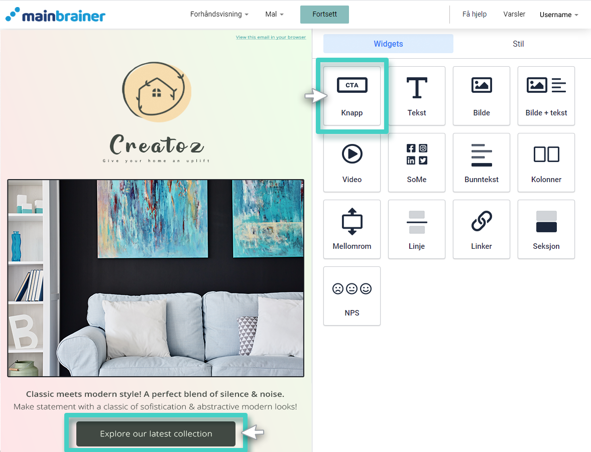 E-postbygger, knapp-widget. CTA-knapp-widgeten er uthevet