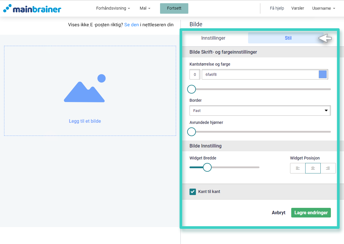 E-postskaper, stilinnstillinger for bildewidget