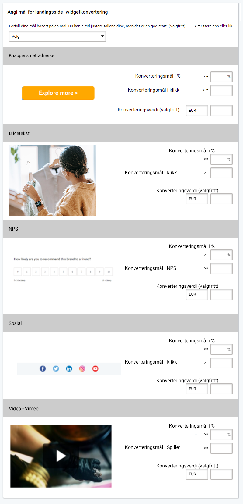 E-postkampanje mål, angi e-pos tmål. Angi konverteringsmål for widget for e-postside