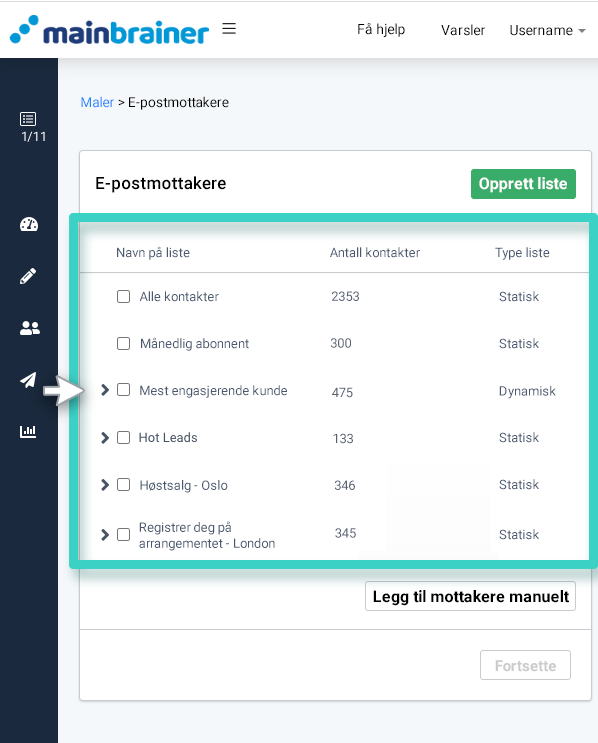 Sending av e-postkampanjer, seksjon for e-postmottakere. Listedelen er uthevet