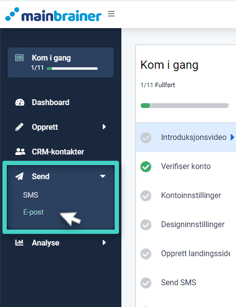 Sending av e-postkampanje, send-meny. E-post er uthevet