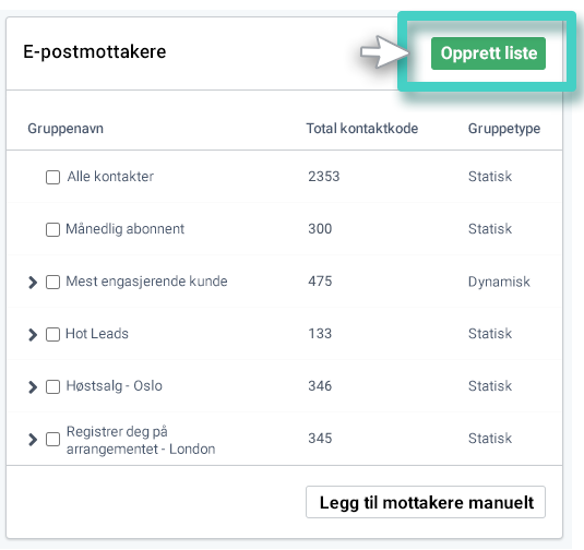 Sending av e-post, velg mottakere. Opprett liste-knappen er uthevet