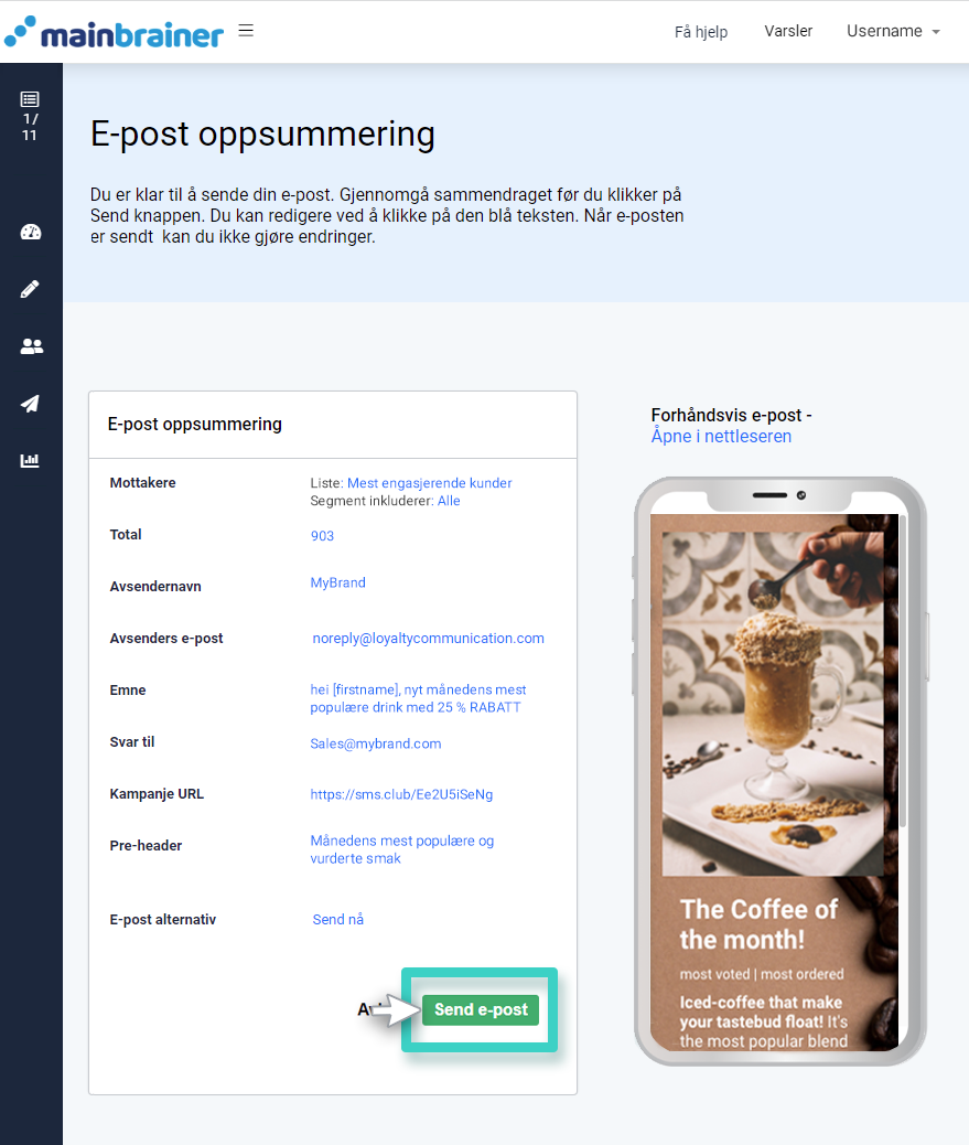 Sending av e-postkampanje, e-postsammendrag. Send e-post-knappen er uthevet