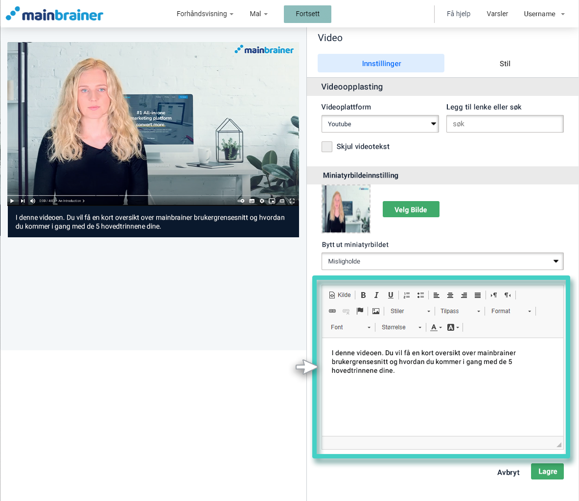 E-postbygger, video-widget. Tekstredigering for videotekster er uthevet