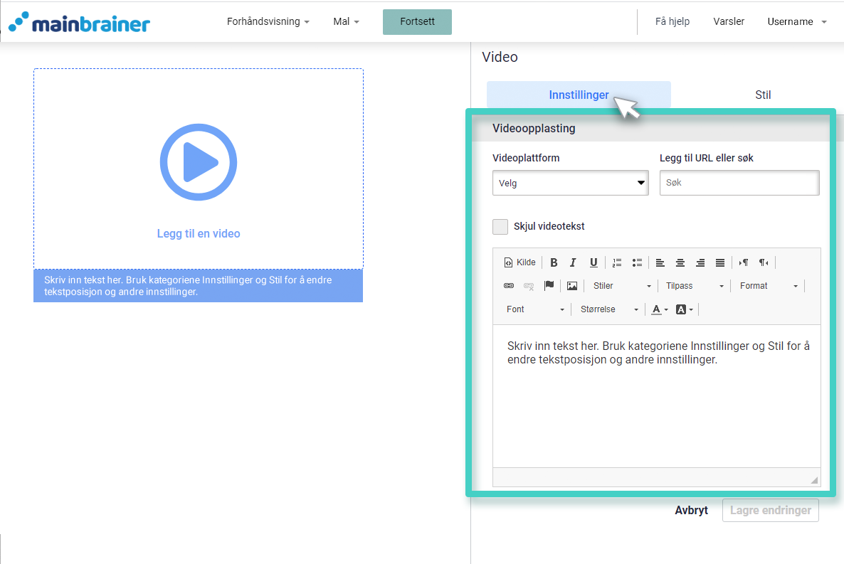 E-postbygger, video-widget. Innstillingsfanen for video-widget er uthevet