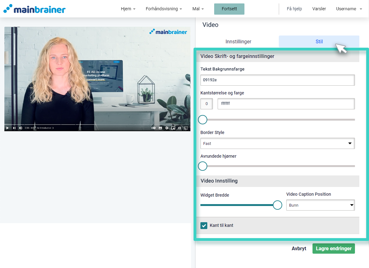 E-postbygger, video-widget. Stilfanen for video-widget er uthevet