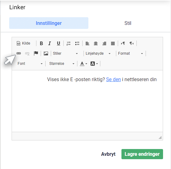 E-postbygger, fane for innstillinger for URL-widget. Den ønskede hyperkoblingsteksten er merket