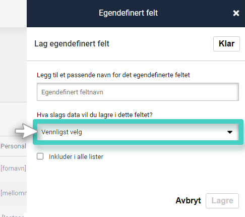 CRM tilpassede felt, lag tilpassede felt. Datatypefeltet er uthevet