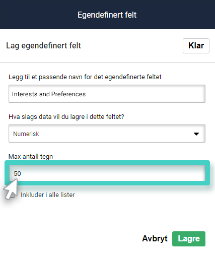 CRM tilpassede felt, lag tilpassede felt. Feltet for tegnlengde er uthevet