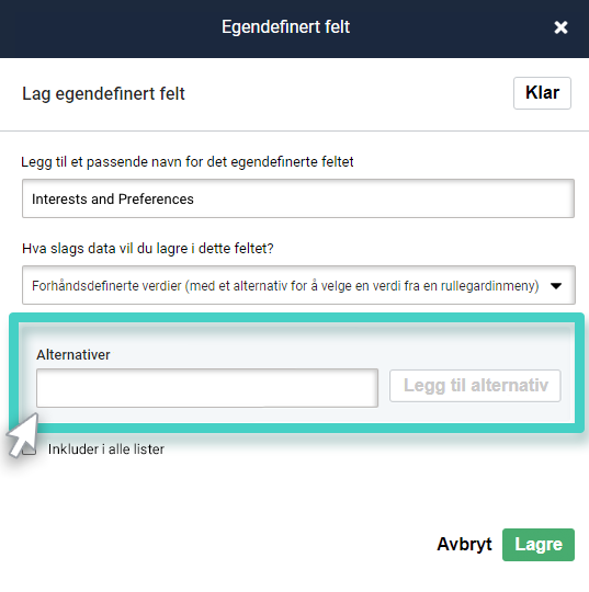 Opprett tilpasset felt. Forhåndsdefinerte verdier med enkeltverdi er valgt