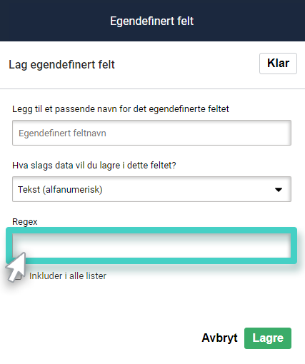 CRM tilpassede felt, lag tilpassede felt. Regex-feltet er uthevet