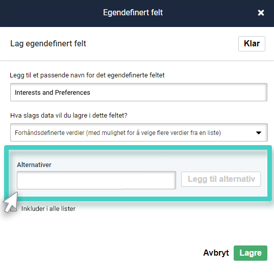 Opprett tilpasset felt. De forhåndsdefinerte verdiene med flere verdier er valgt