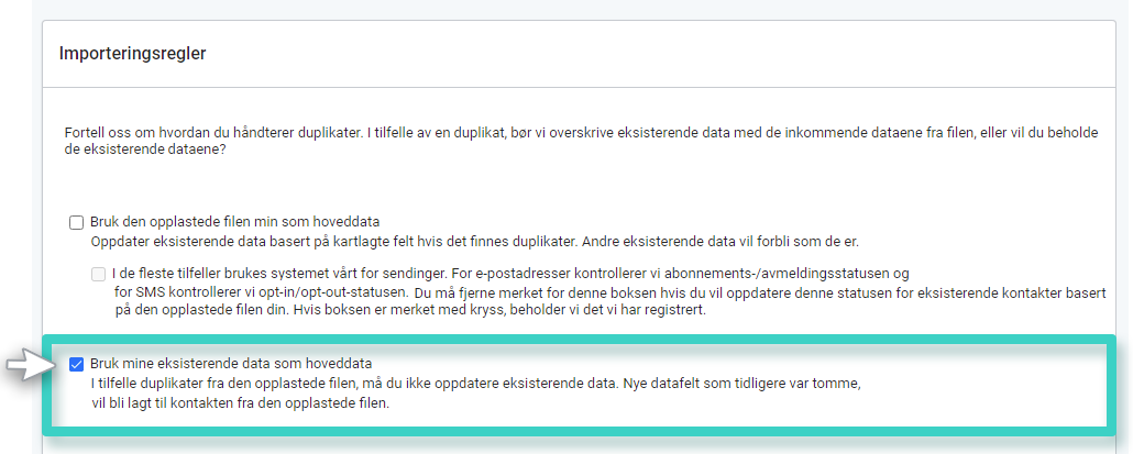 MainBrainer CRM importer kontakter, importregler. Bruk eksisterende data som hoveddata 