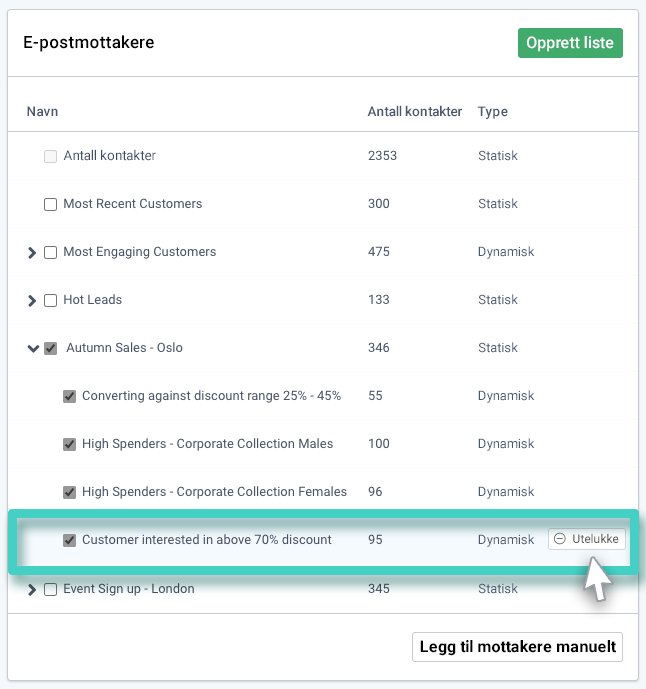 Liste over e-postmottakere. Ekskluderingsknappen i underlisten er uthevet