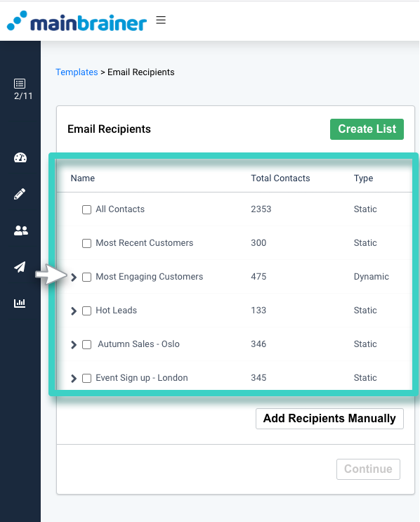 Email campaign sending, email recipients section. The list section is highlighted