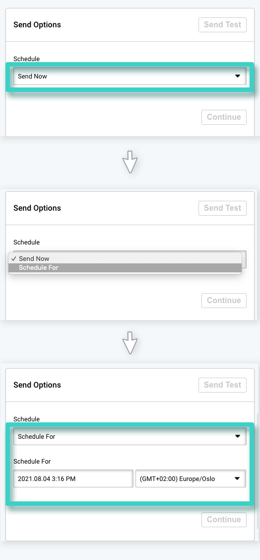 Email creator, send options. Send now or schedule email sending
