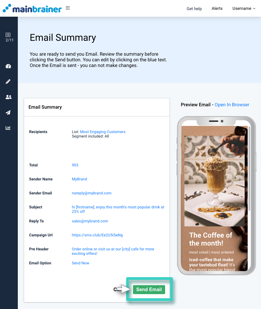 Email creator, email campaign summary. Send email button highlighted