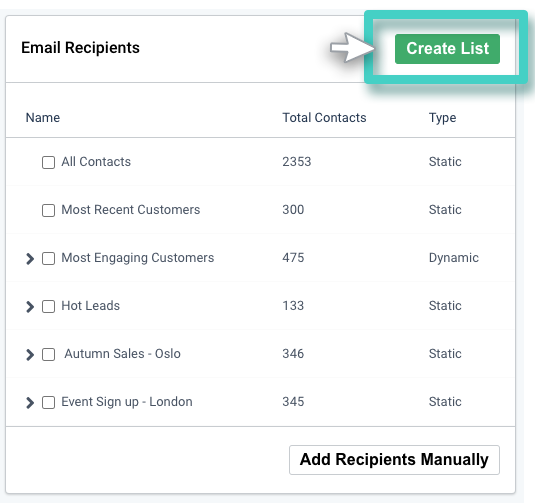 Email sending, select recipients. The create list button is highlighted
