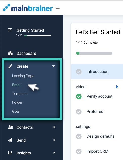 Email campaign, create menu options. Landing page, email, template, folder and goals