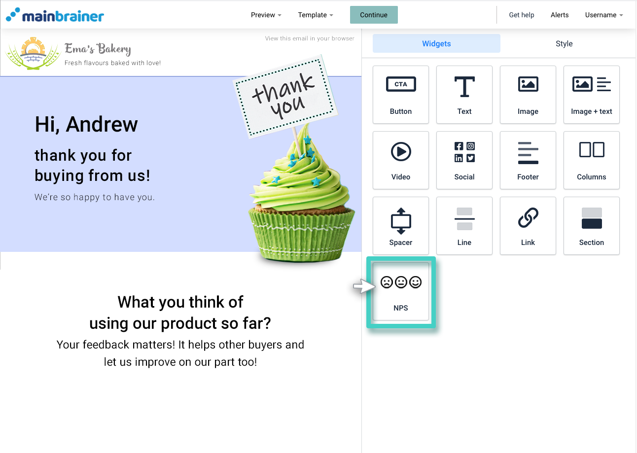 Email creator, the NPS widget is highlighted